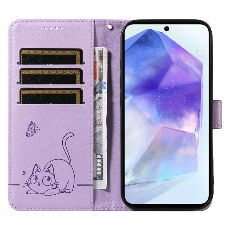 For Samsung Galaxy A55 5G Wallet Case Cat Pattern Imprint Leather Phone Cover with Wrist Strap - Light Purple