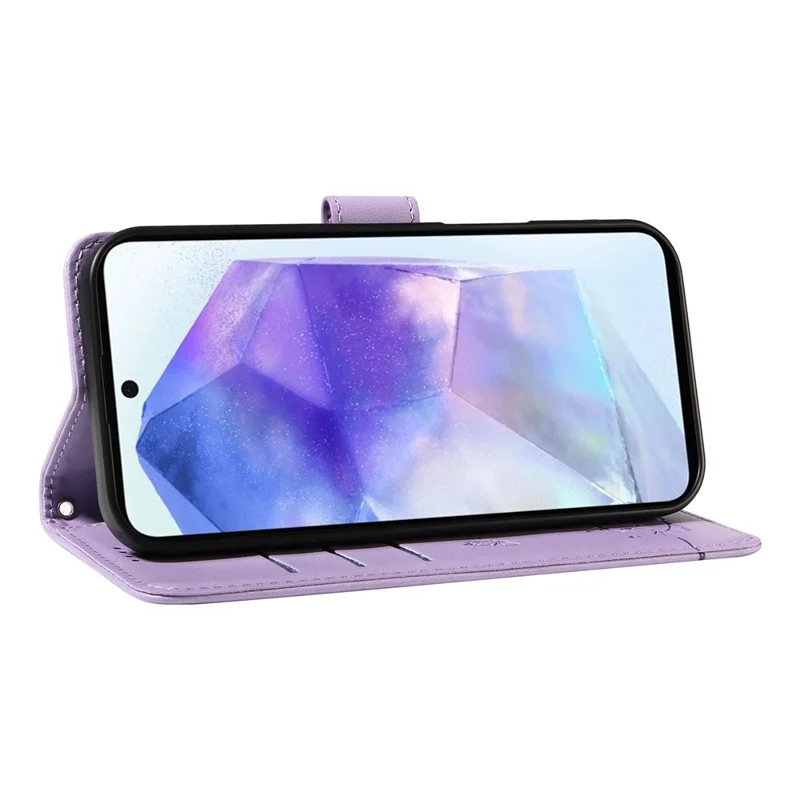 For Samsung Galaxy A55 5G Wallet Case Cat Pattern Imprint Leather Phone Cover with Wrist Strap - Light Purple