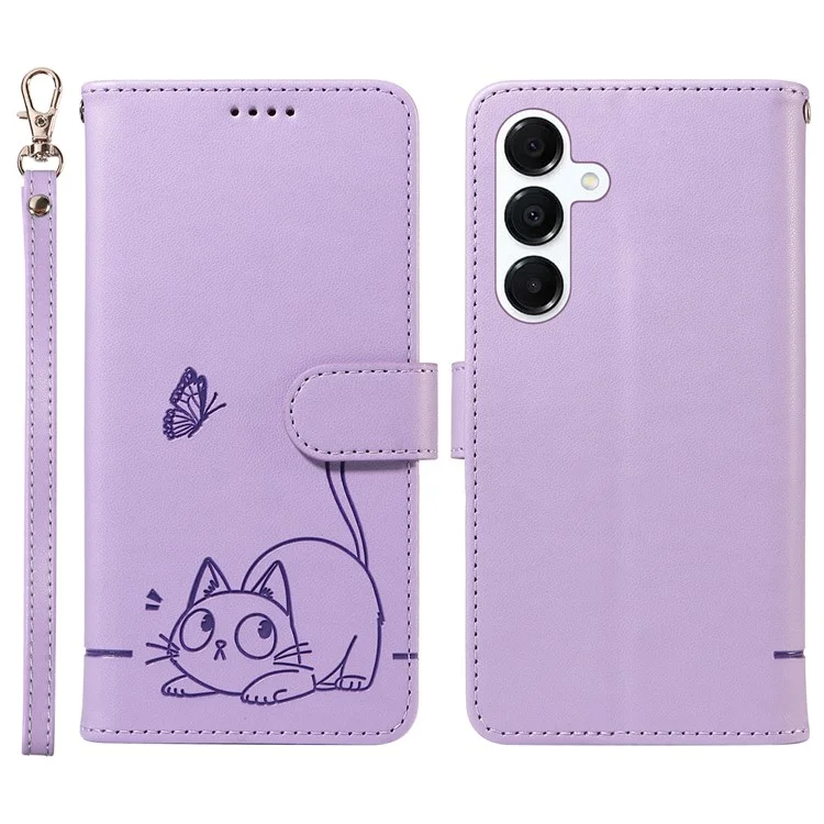 For Samsung Galaxy A17 / A26 5G / A16 5G / A16 4G Wallet Case Cat Pattern Imprint Leather Phone Cover with Wrist Strap - Light Purple