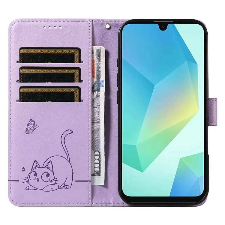 For Samsung Galaxy A17 / A26 5G / A16 5G / A16 4G Wallet Case Cat Pattern Imprint Leather Phone Cover with Wrist Strap - Light Purple