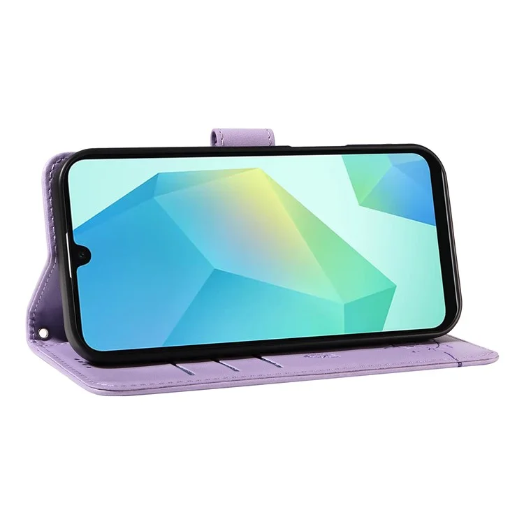 For Samsung Galaxy A17 / A26 5G / A16 5G / A16 4G Wallet Case Cat Pattern Imprint Leather Phone Cover with Wrist Strap - Light Purple