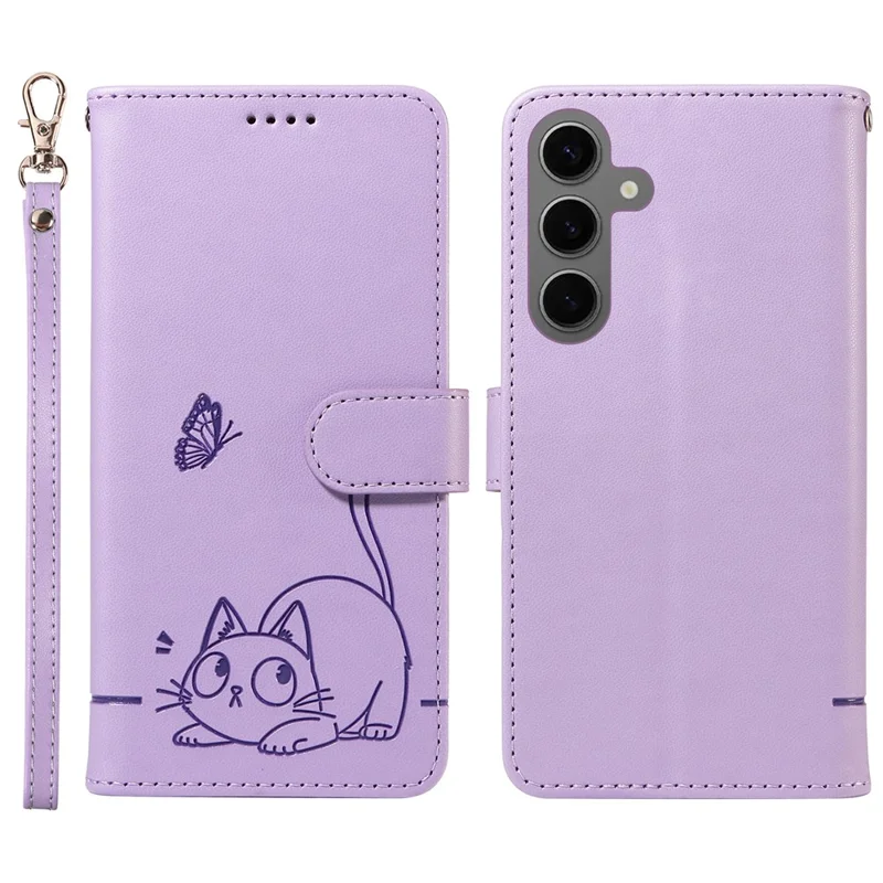For Samsung Galaxy S25 / S24 Wallet Case Cat Pattern Imprint Leather Phone Cover with Wrist Strap - Light Purple