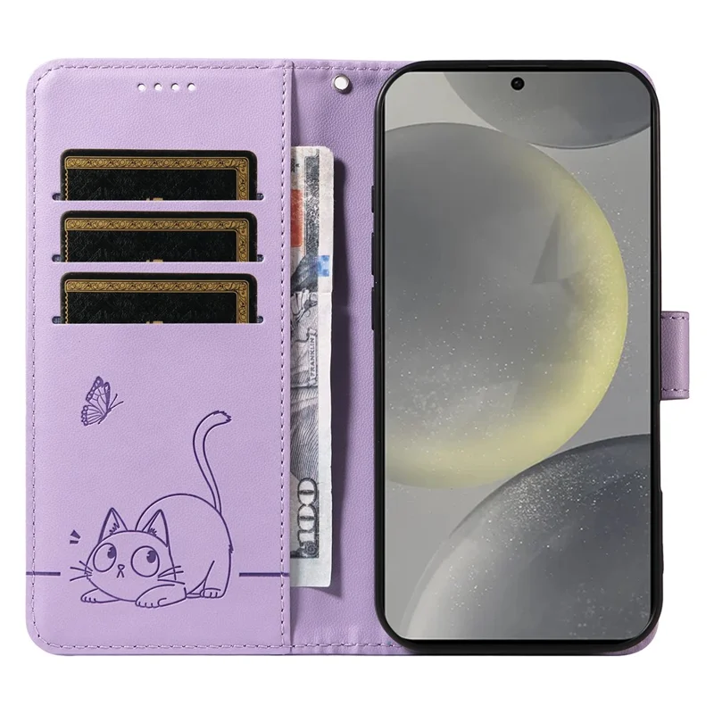 For Samsung Galaxy S25 / S24 Wallet Case Cat Pattern Imprint Leather Phone Cover with Wrist Strap - Light Purple
