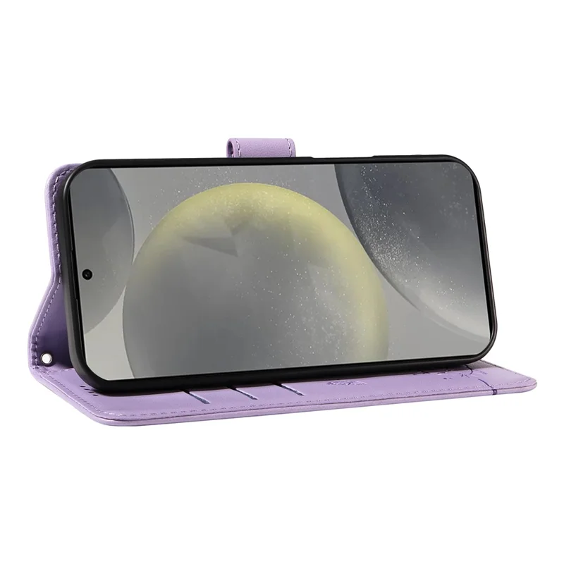 For Samsung Galaxy S25 / S24 Wallet Case Cat Pattern Imprint Leather Phone Cover with Wrist Strap - Light Purple