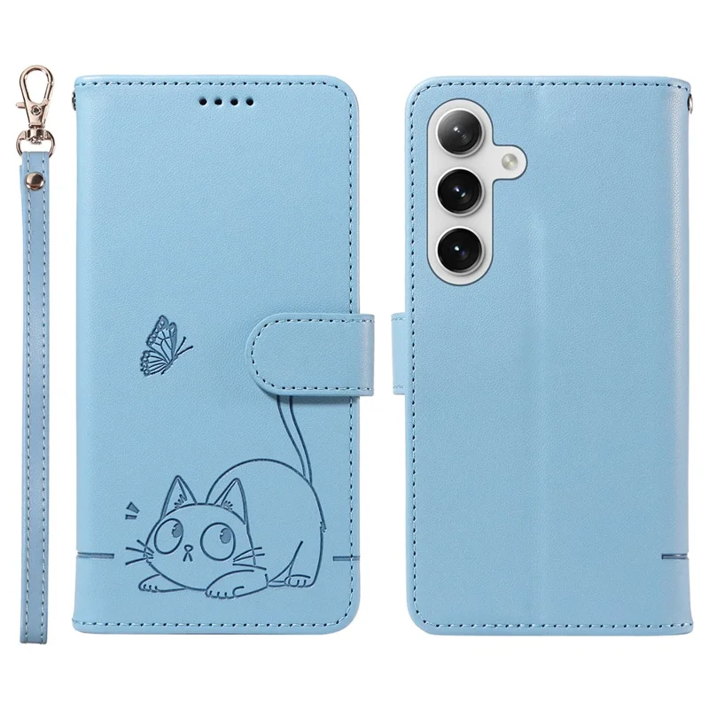 For Samsung Galaxy S25+ / S24+ Wallet Case Cat Pattern Imprint Leather Phone Cover with Wrist Strap - Sky Blue