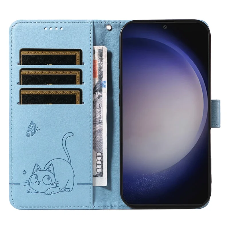 For Samsung Galaxy S25+ / S24+ Wallet Case Cat Pattern Imprint Leather Phone Cover with Wrist Strap - Sky Blue