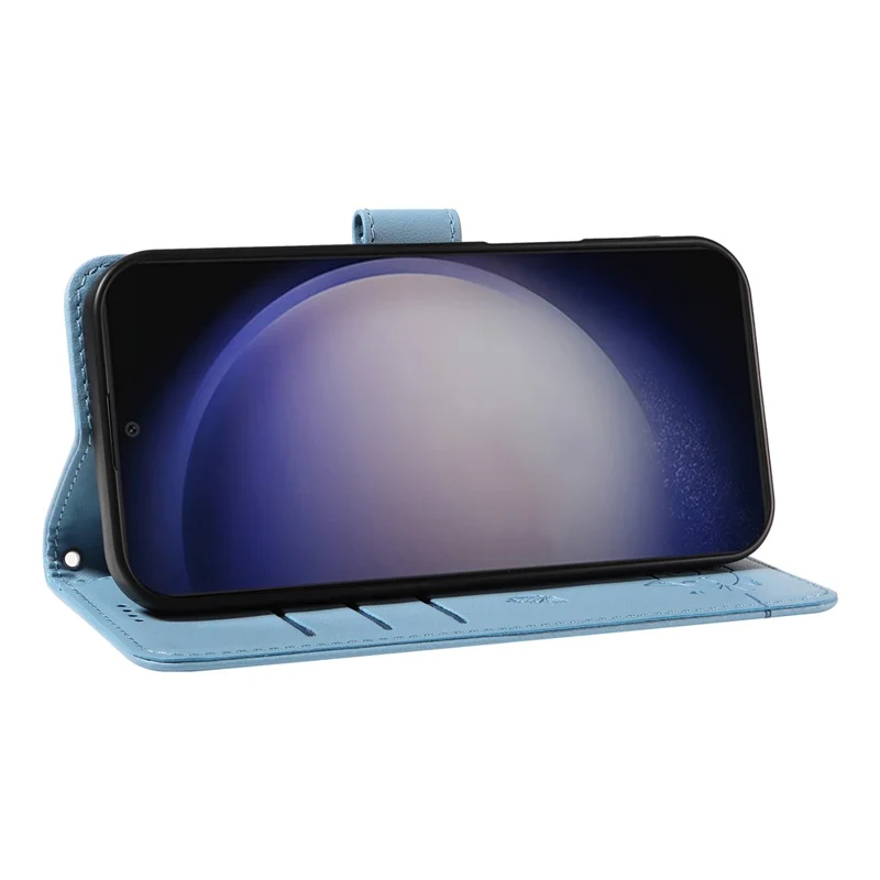 For Samsung Galaxy S25+ / S24+ Wallet Case Cat Pattern Imprint Leather Phone Cover with Wrist Strap - Sky Blue