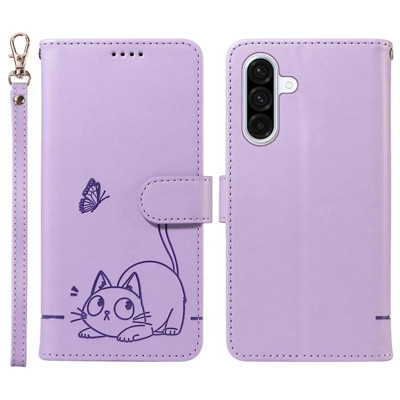 For Samsung Galaxy A56 5G / A36 5G Wallet Case Cat Pattern Imprint Leather Phone Cover with Wrist Strap - Light Purple