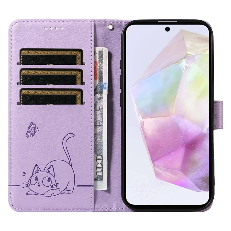 For Samsung Galaxy A56 5G / A36 5G Wallet Case Cat Pattern Imprint Leather Phone Cover with Wrist Strap - Light Purple