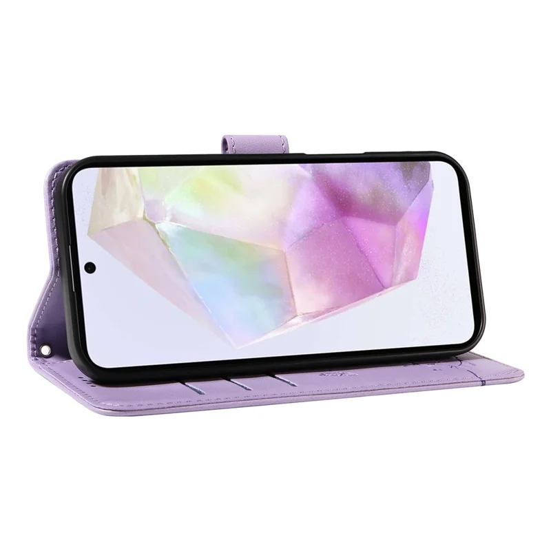 For Samsung Galaxy A56 5G / A36 5G Wallet Case Cat Pattern Imprint Leather Phone Cover with Wrist Strap - Light Purple