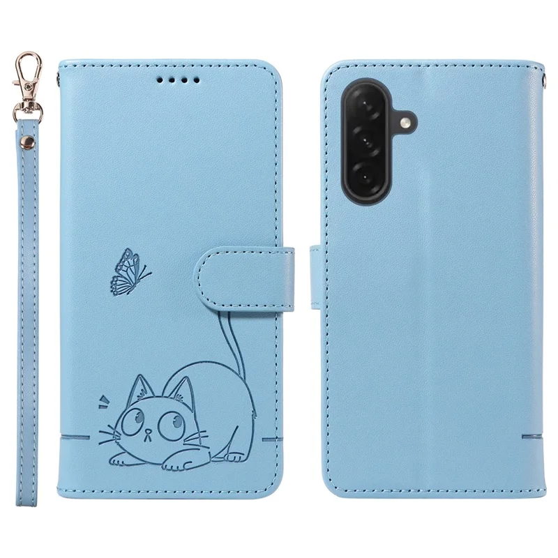 For Samsung Galaxy A26 5G / A16 5G / A16 4G Wallet Case Cat Pattern Imprint Leather Phone Cover with Wrist Strap - Sky Blue