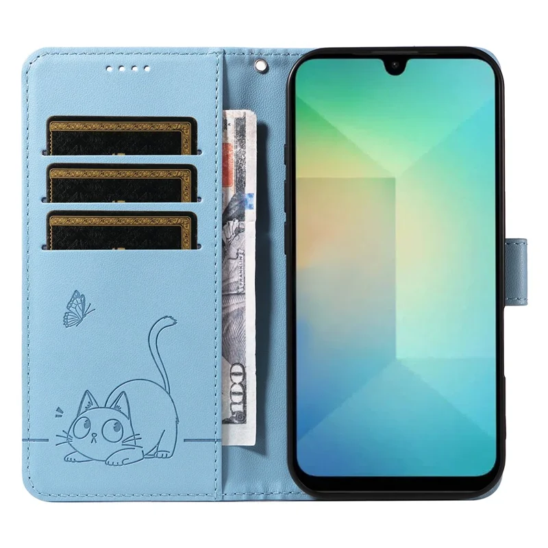 For Samsung Galaxy A26 5G / A16 5G / A16 4G Wallet Case Cat Pattern Imprint Leather Phone Cover with Wrist Strap - Sky Blue