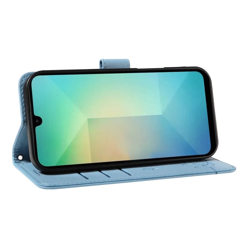 For Samsung Galaxy A26 5G / A16 5G / A16 4G Wallet Case Cat Pattern Imprint Leather Phone Cover with Wrist Strap - Sky Blue