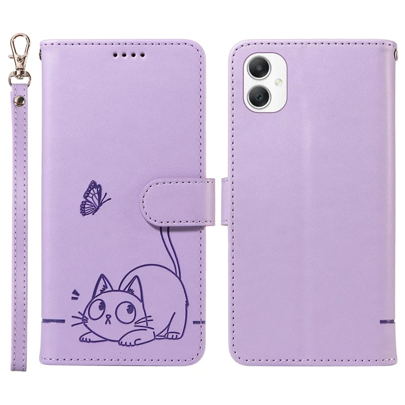 Cover a portafoglio per Samsung Galaxy A06 5G / A06 4G con motivo a gatto, in pelle stampata e cinturino da polso - Viola chiaro