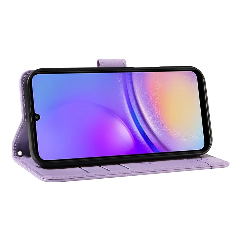 Cover a portafoglio per Samsung Galaxy A06 5G / A06 4G con motivo a gatto, in pelle stampata e cinturino da polso - Viola chiaro