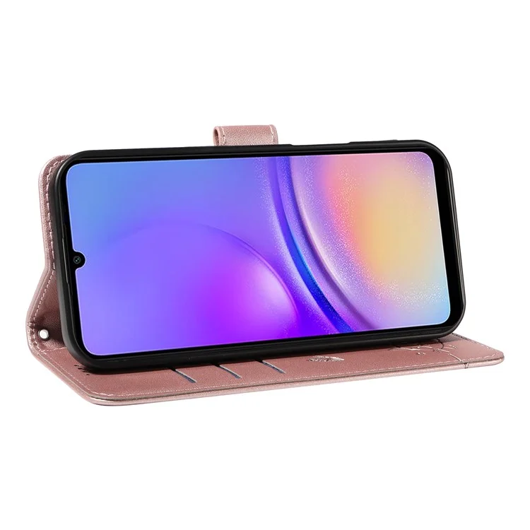 For Samsung Galaxy A06 5G / A06 4G Wallet Case Cat Pattern Imprint Leather Phone Cover with Wrist Strap - Rose Gold