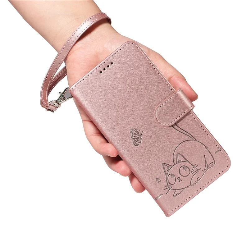 For Samsung Galaxy A06 5G / A06 4G Wallet Case Cat Pattern Imprint Leather Phone Cover with Wrist Strap - Rose Gold
