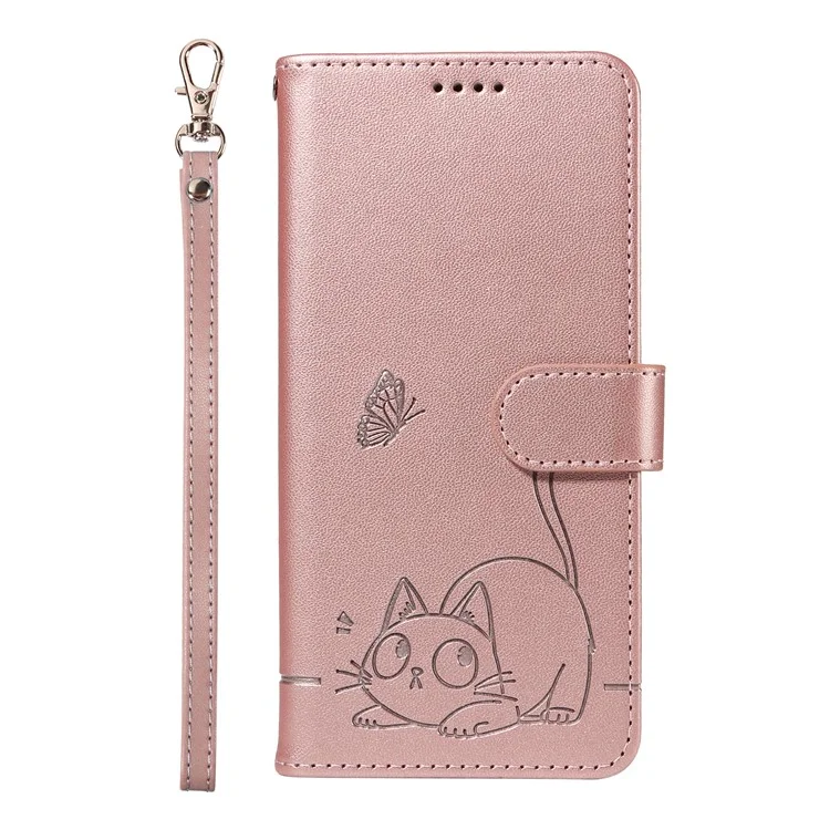 For Samsung Galaxy A06 5G / A06 4G Wallet Case Cat Pattern Imprint Leather Phone Cover with Wrist Strap - Rose Gold
