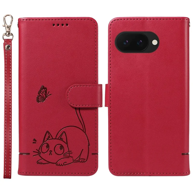 For Google Pixel 9a Wallet Case Cat Pattern Imprint Leather Phone Cover with Wrist Strap - Red