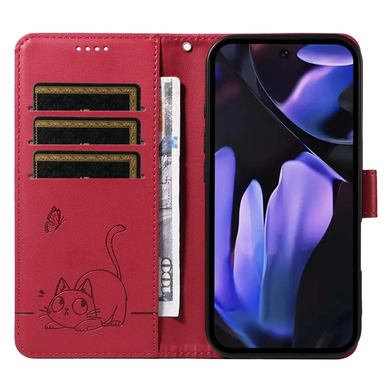 For Google Pixel 9a Wallet Case Cat Pattern Imprint Leather Phone Cover with Wrist Strap - Red