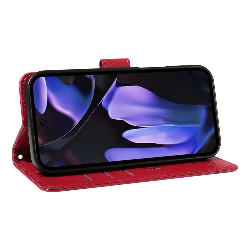 For Google Pixel 9a Wallet Case Cat Pattern Imprint Leather Phone Cover with Wrist Strap - Red