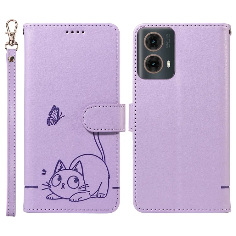 Per Motorola Edge 50 Fusion 5G Cover a Portafoglio con Motivo di Gatto Impresso su Pelle, Cinturino da Polso - Viola Chiaro