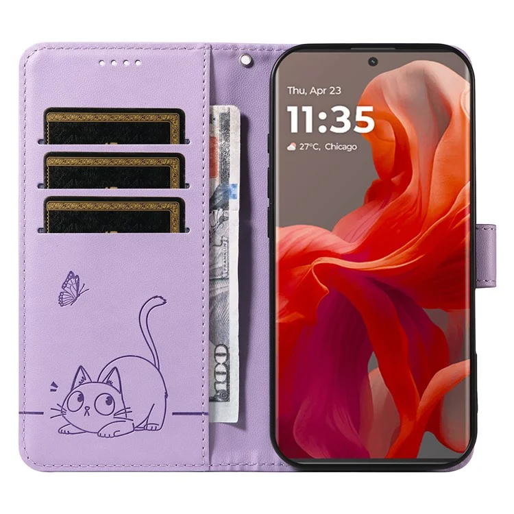 Per Motorola Edge 50 Fusion 5G Cover a Portafoglio con Motivo di Gatto Impresso su Pelle, Cinturino da Polso - Viola Chiaro