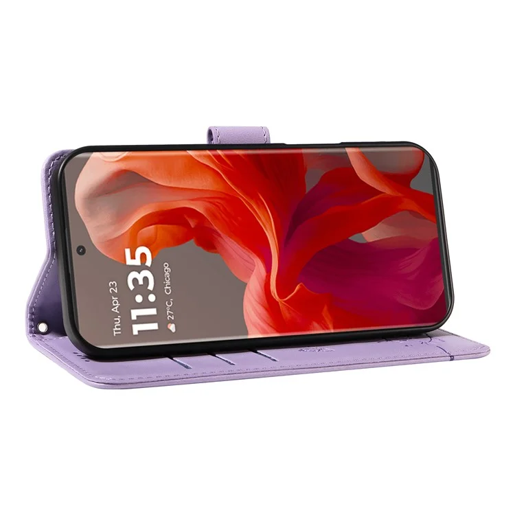 Per Motorola Edge 50 Fusion 5G Cover a Portafoglio con Motivo di Gatto Impresso su Pelle, Cinturino da Polso - Viola Chiaro