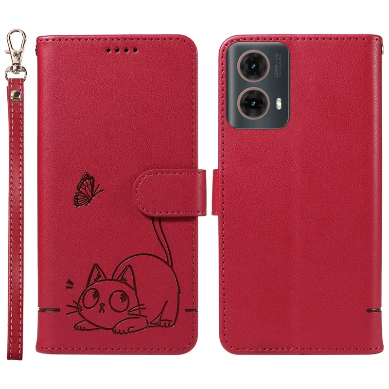 For Motorola Edge 50 Fusion 5G Wallet Case Cat Pattern Imprint Leather Phone Cover with Wrist Strap - Red