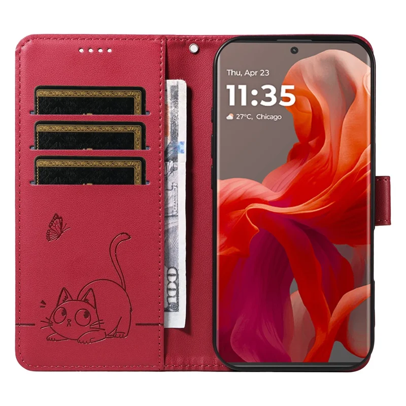 For Motorola Edge 50 Fusion 5G Wallet Case Cat Pattern Imprint Leather Phone Cover with Wrist Strap - Red