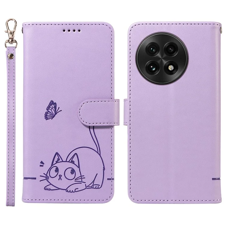 Für OnePlus 13 Geldbörsen-Hülle Katzen-Muster Geprägtes Leder Handyhülle mit Handgelenkschlaufe - Hellviolett