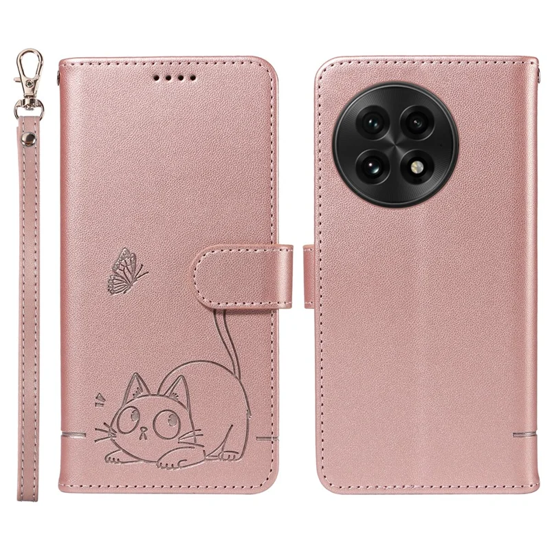 For OnePlus 13 Wallet Case Cat Pattern Imprint Leather Phone Cover with Wrist Strap - Rose Gold