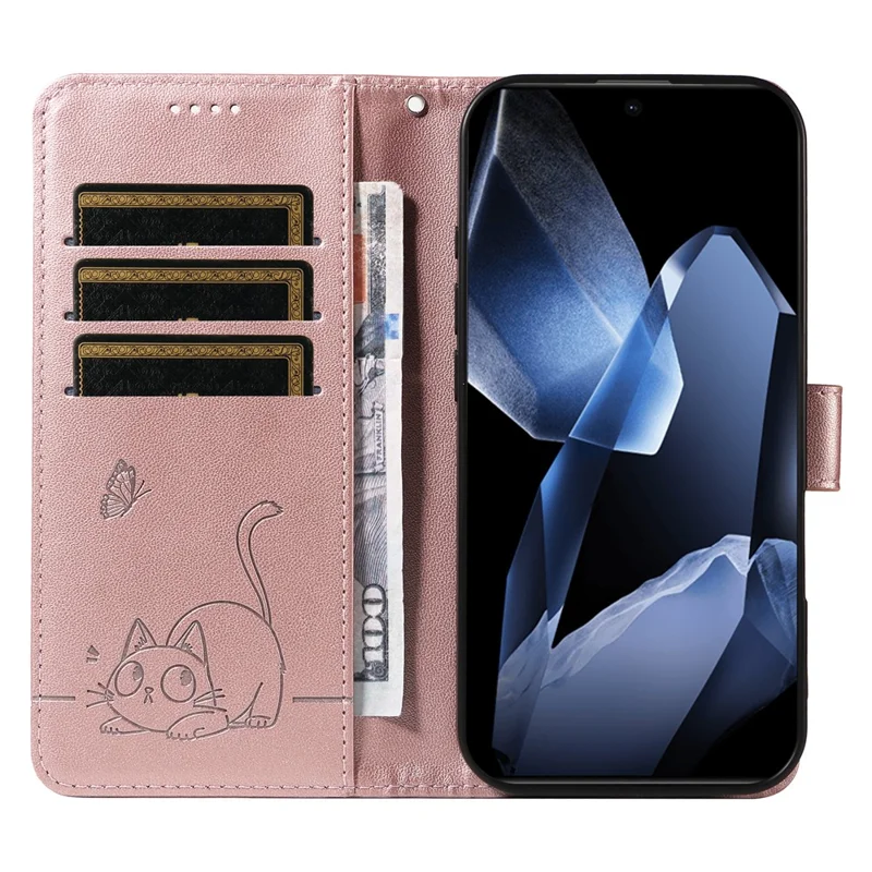 For OnePlus 13 Wallet Case Cat Pattern Imprint Leather Phone Cover with Wrist Strap - Rose Gold