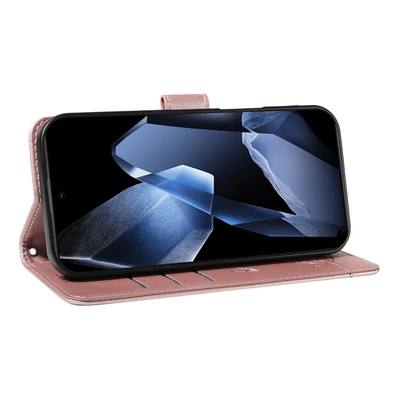 For OnePlus 13 Wallet Case Cat Pattern Imprint Leather Phone Cover with Wrist Strap - Rose Gold