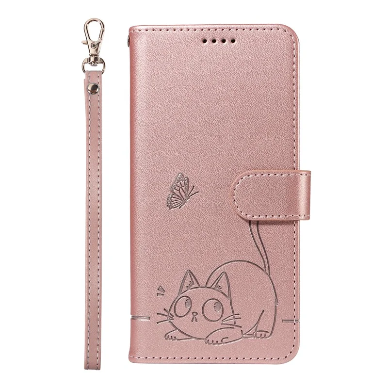 For OnePlus 13 Wallet Case Cat Pattern Imprint Leather Phone Cover with Wrist Strap - Rose Gold