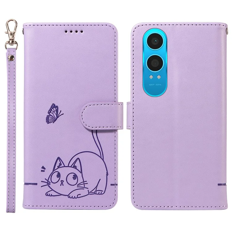 Wallet Case for OnePlus Nord CE4 Lite 5G / Oppo K12x 5G (China) Cat Pattern Imprint Leather Phone Cover with Wrist Strap - Light Purple