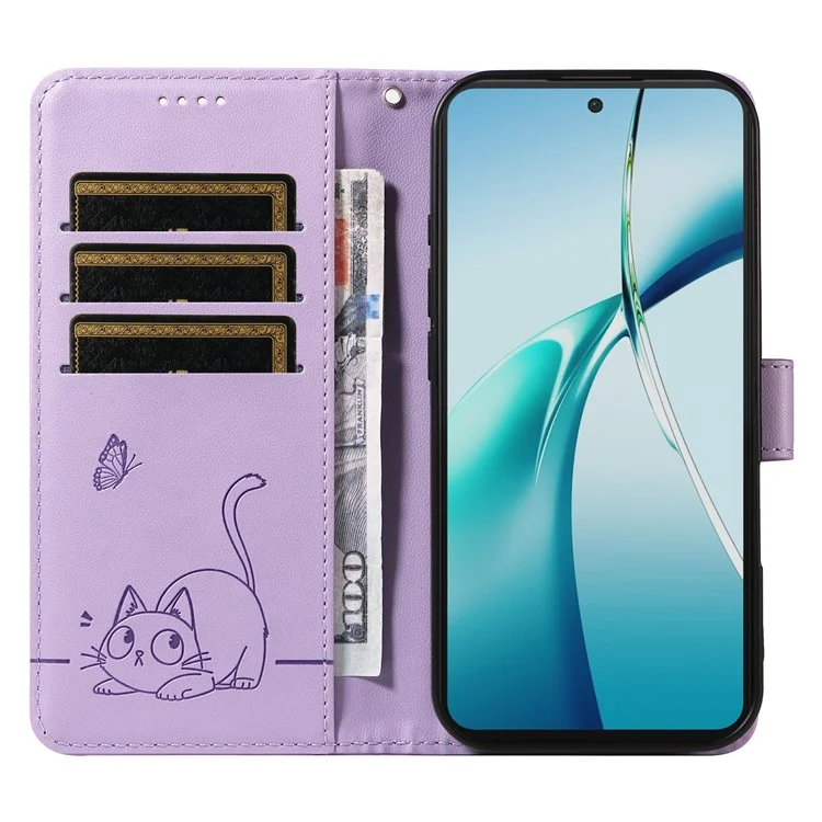 Wallet Case for OnePlus Nord CE4 Lite 5G / Oppo K12x 5G (China) Cat Pattern Imprint Leather Phone Cover with Wrist Strap - Light Purple