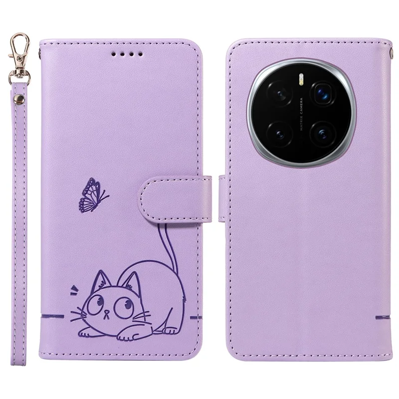 For Honor Magic7 Pro 5G Wallet Case Cat Pattern Imprint Leather Phone Cover with Wrist Strap - Light Purple