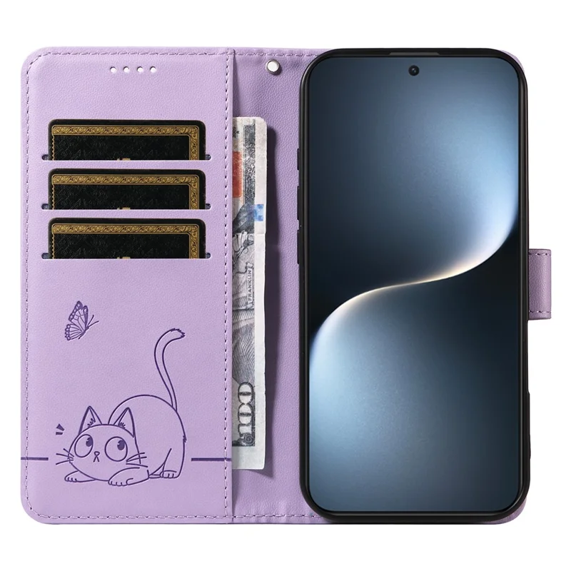 For Honor Magic7 Pro 5G Wallet Case Cat Pattern Imprint Leather Phone Cover with Wrist Strap - Light Purple