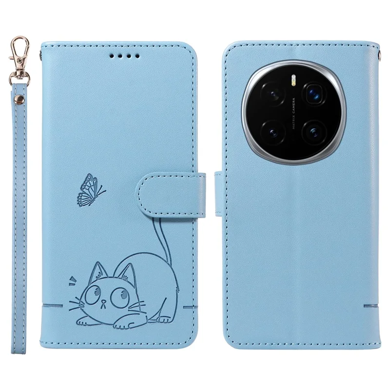For Honor Magic7 Pro 5G Wallet Case Cat Pattern Imprint Leather Phone Cover with Wrist Strap - Sky Blue