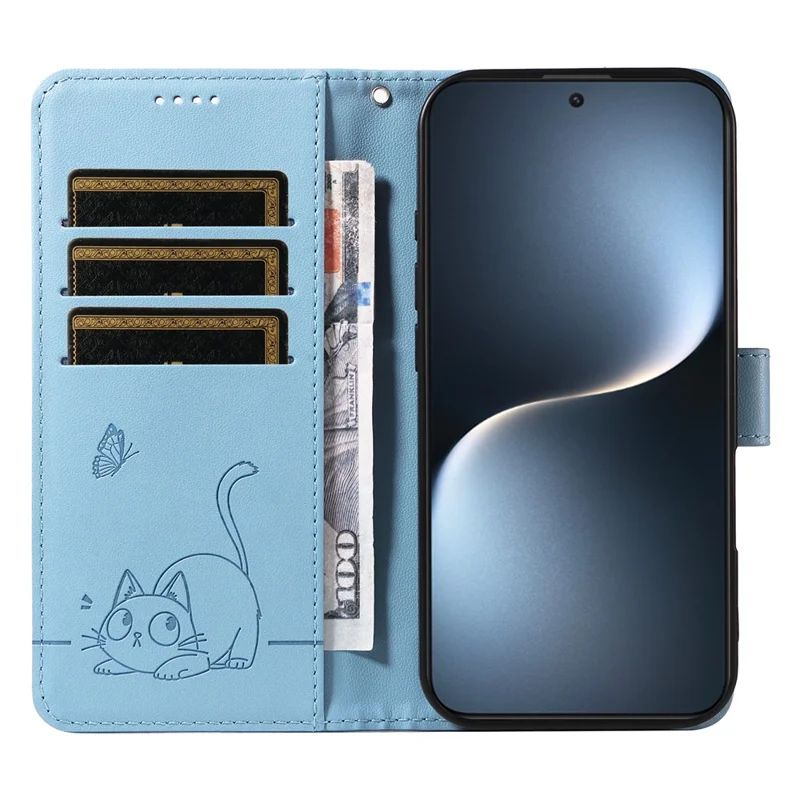For Honor Magic7 Pro 5G Wallet Case Cat Pattern Imprint Leather Phone Cover with Wrist Strap - Sky Blue