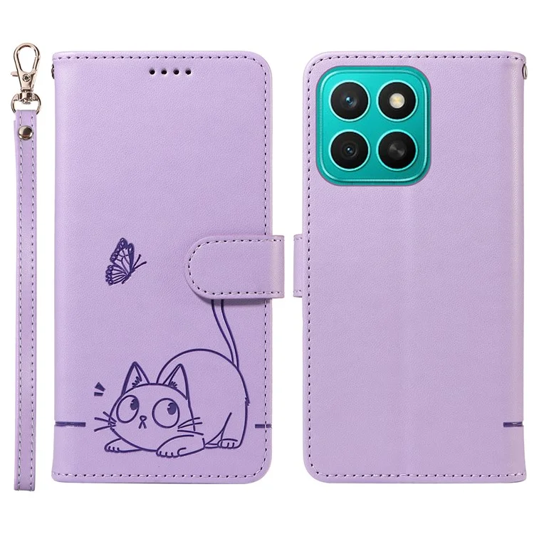 For Honor X8c 4G Wallet Case with Wrist Strap Cat Pattern Imprint Leather Phone Cover - Light Purple