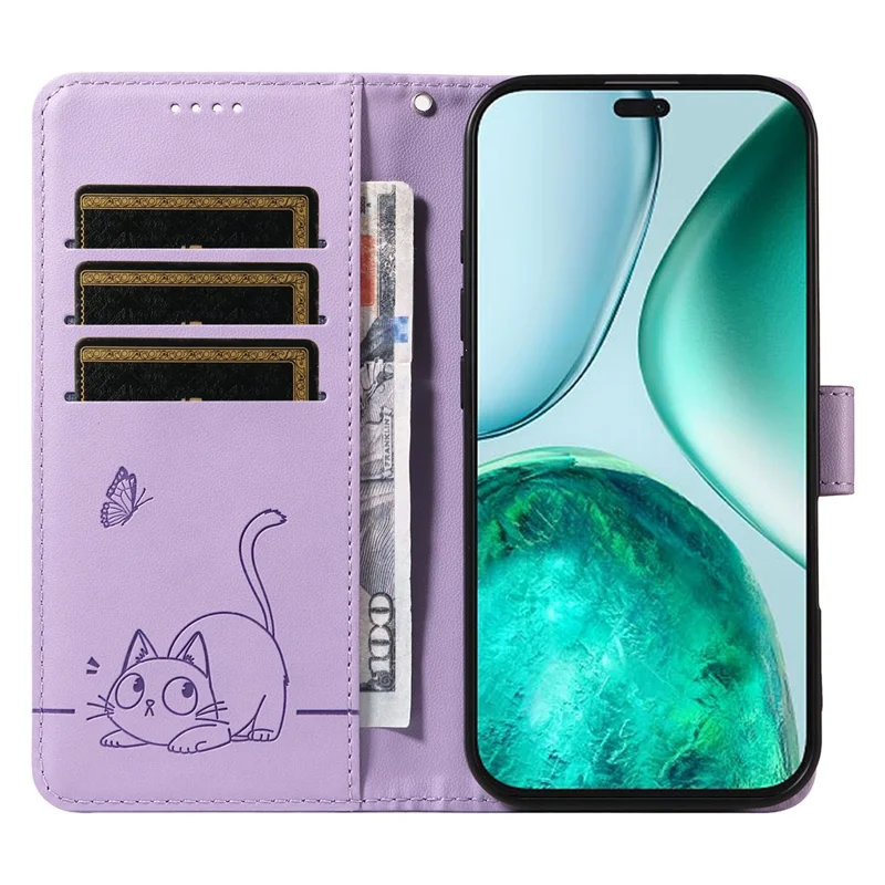 For Honor X8c 4G Wallet Case with Wrist Strap Cat Pattern Imprint Leather Phone Cover - Light Purple