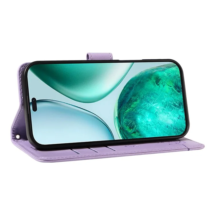 For Honor X8c 4G Wallet Case with Wrist Strap Cat Pattern Imprint Leather Phone Cover - Light Purple