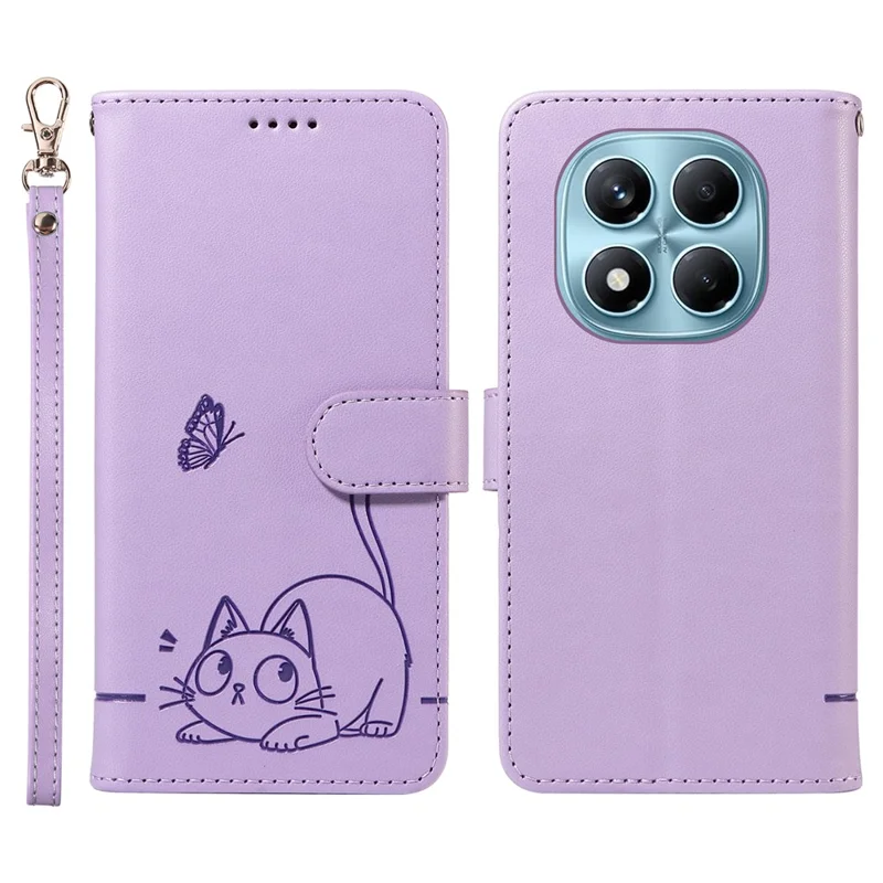 For Xiaomi Redmi Note 14 Pro 4G Wallet Case with Wrist Strap Cat Pattern Imprint Leather Phone Cover - Light Purple