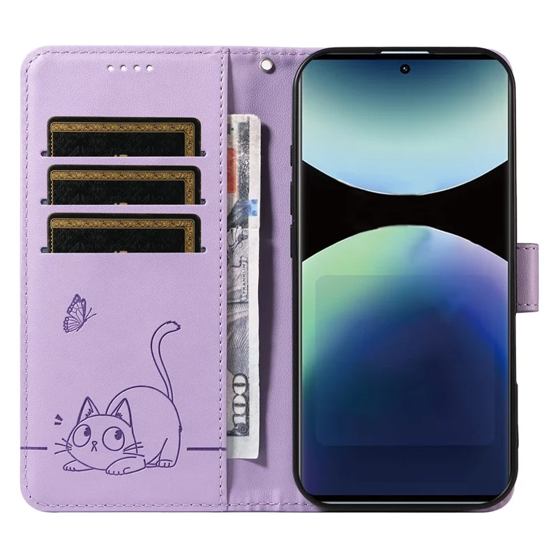 For Xiaomi Redmi Note 14 Pro 4G Wallet Case with Wrist Strap Cat Pattern Imprint Leather Phone Cover - Light Purple