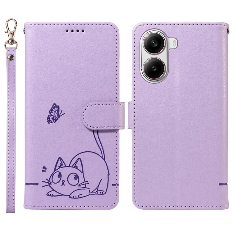 Wallet Case for Xiaomi Poco X7 Pro 5G  /  Redmi Turbo 4 5G Cat Pattern Imprint Leather Phone Cover with Wrist Strap - Light Purple