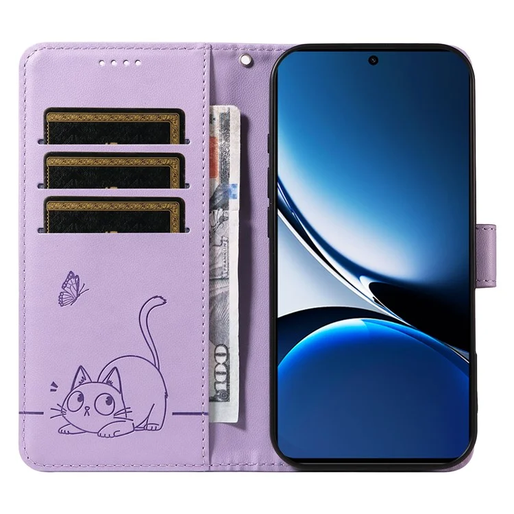 Wallet Case for Xiaomi Poco X7 Pro 5G  /  Redmi Turbo 4 5G Cat Pattern Imprint Leather Phone Cover with Wrist Strap - Light Purple