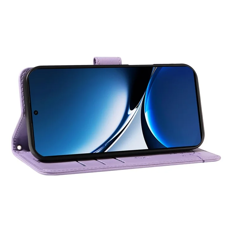 Wallet Case for Xiaomi Poco X7 Pro 5G  /  Redmi Turbo 4 5G Cat Pattern Imprint Leather Phone Cover with Wrist Strap - Light Purple