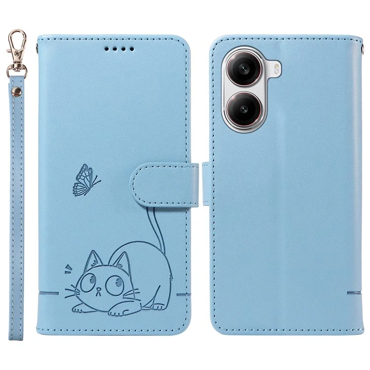 Wallet Case for Xiaomi Poco X7 Pro 5G  /  Redmi Turbo 4 5G Cat Pattern Imprint Leather Phone Cover with Wrist Strap - Sky Blue